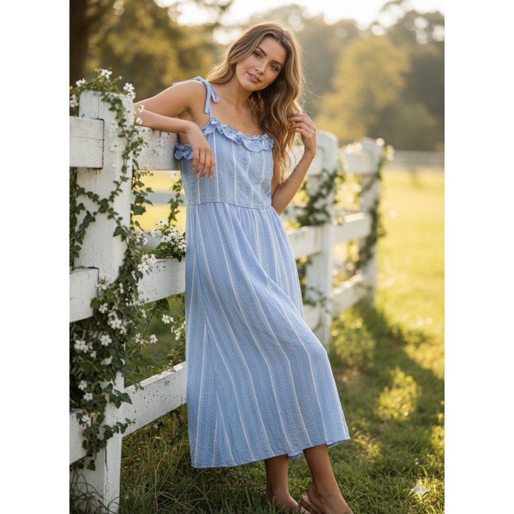 Vtg‎ Coastal Blue Seersucker Midi Dress Ruffle Tie-Shoulder Cottagecore Sundress